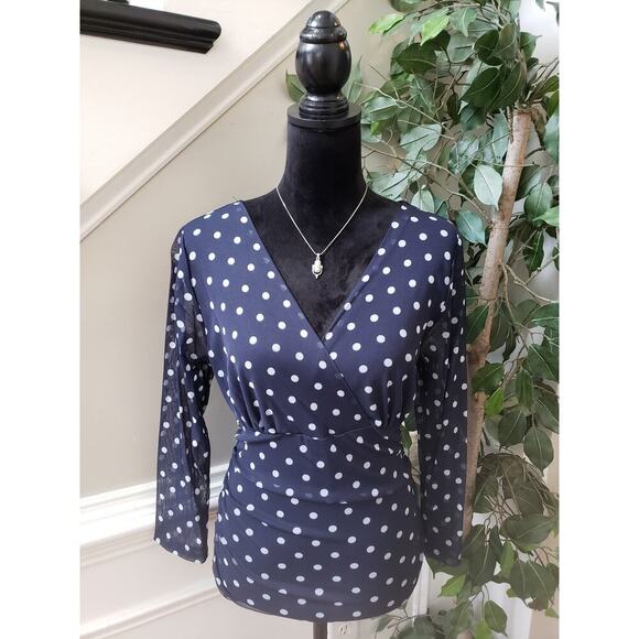 INC International Concepts Blouse Top Women's M Blue White Polka Dot Wrap V Neck - Picture 1 of 9